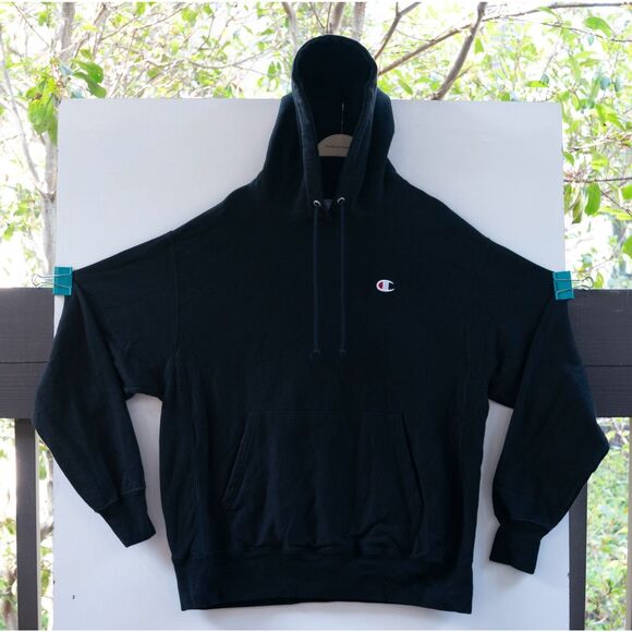 VTG Y2k CHAMPION Reverse Weave Ski Logo Black Pullover Sweatshirt Hoodie Size L - Picture 1 of 6